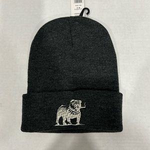 Gray beanie with a bulldog logo stitched in silver